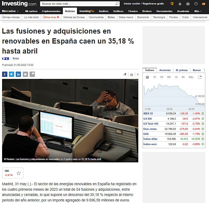 Las fusiones y adquisiciones en renovables en Espaa caen un 35,18 % hasta abril